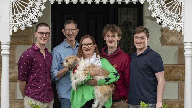 Labor Boothby candidate Louise Miller-Frost and her triplet sons Riordan, Hamish and Jacques, all 22 with husband Kim Cheater and dog Tim at their home in Cumberland Park. Picture: Naomi Jellicoe