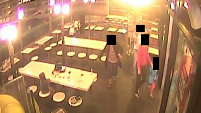 A female foster carer, male foster carer, William Tyrrell and his sister were captured on CCTV entering McDonald’s Heatherbrae. William is on the shoulders of the male foster carer.