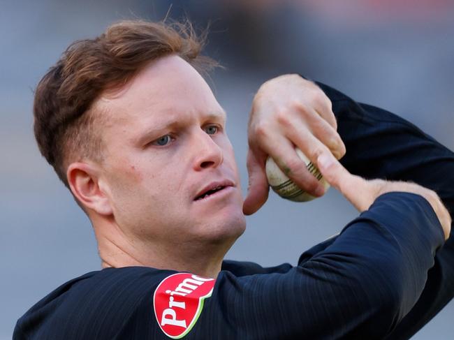 PERTH, AUSTRALIA - DECEMBER 26: Matthew Kuhnemann of the Heat bowls as he warms up during the BBL match between Perth Scorchers and Brisbane Heat at Optus Stadium, on December 26, 2024, in Perth, Australia. (Photo by James Worsfold/Getty Images)