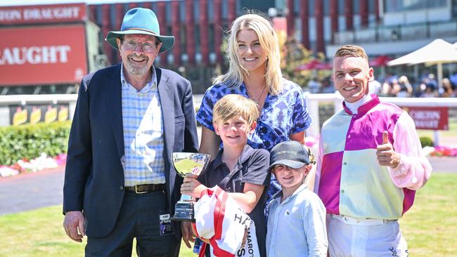 Matt Laurie’s father Michael with Kate Brideoake, sons Lachlan and Archie, and jockey Ben Melham after the Chairman’s Stakes. Picture: Reg Ryan/Racing Photos