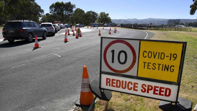 Cars lining up at the Victoria Park Pakapakanthi Covid drive-through testing clinic. Picture: NCA NewsWire / Naomi Jellicoe