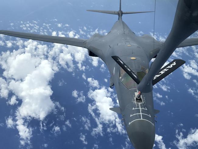 A US Air Force B-1B Lancer refuels during a 10-hour mission from Andersen Air Force Base, Guam, flying in the vicinity of Kyushu, Japan, the East China Sea, and the Korean Peninsula on Monday. Picture: AFP/US Air Force/Gerald Willis