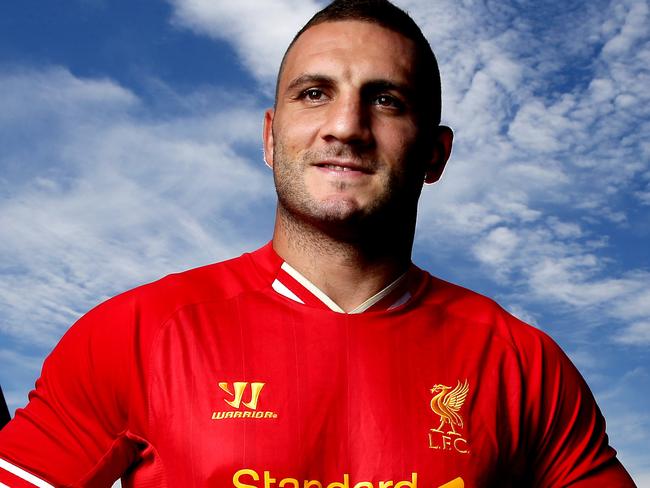 Robbie Farah in his Liverpool jersey after talking about his love for the team . A Liverpool legends team is headed out here in January 2016 .Picture Gregg Porteous