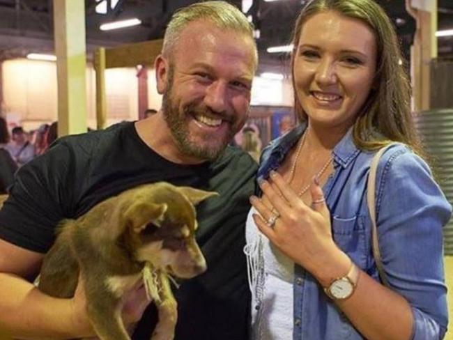 Joseph Daley, with Rosie, after he borrowed the puppy to help propose to Cherie Van Bergen at the animal nursery at the 2018 Royal Brisbane Exhibition. Picture: Joseph Daley/Facebook