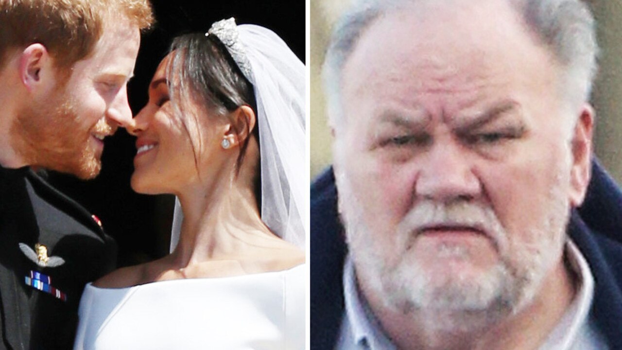 Thomas Markle (right), 75, has given lawyers previous unseen text messages sent in the lead up to Meghan’s wedding to Prince Harry (left). Picture: Jane Barlow/Pool/Getty; Splash News/Media Mode