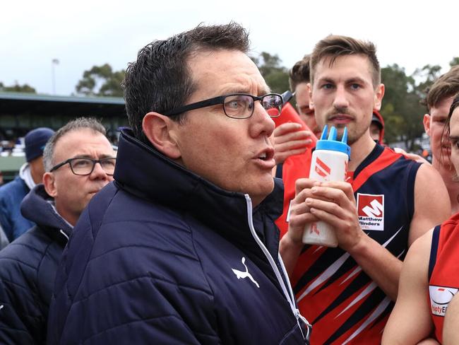 Bryce McGain in the huddle during the EFL Division 3 grand final. Picture: Davis Harrigan