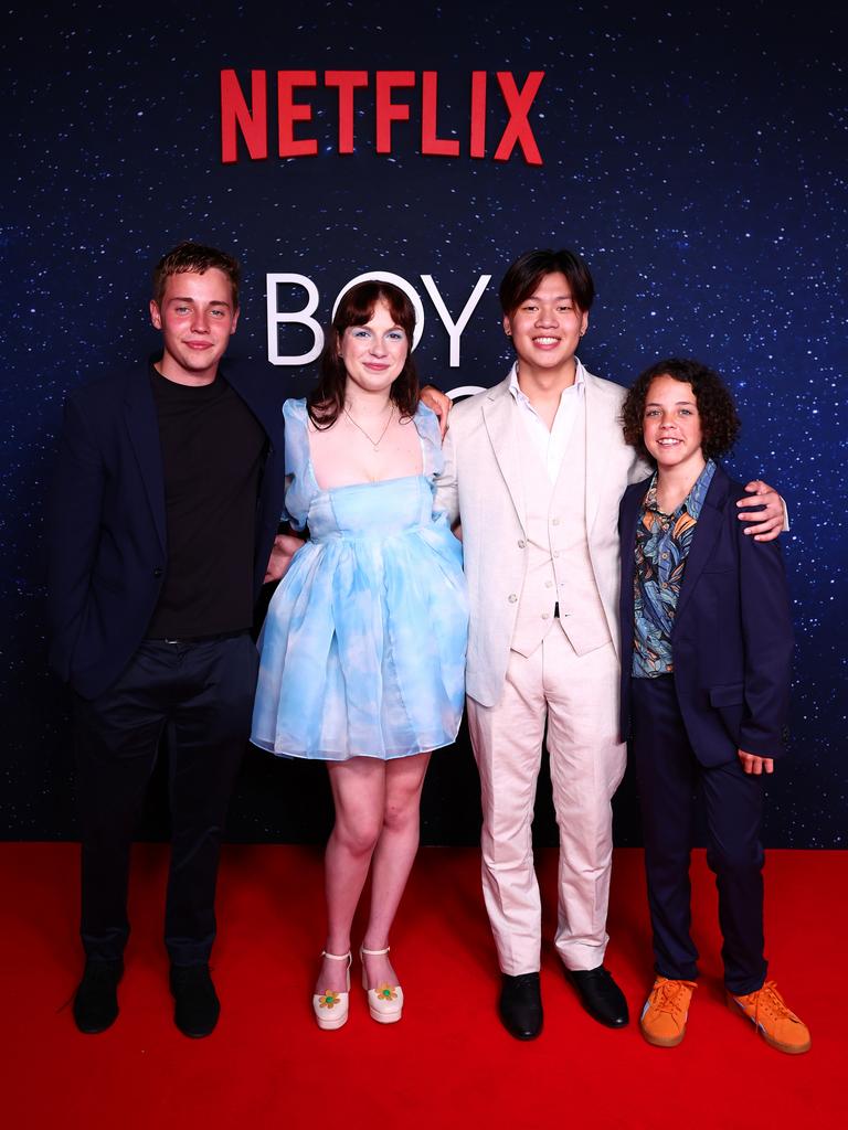 Lee Tiger Halley, Millie Donaldson, Zachary Wan and Felix Cameron at the Netflix world premiere of Boy Swallows Universe at New Farm Cinemas. Picture: Chris Hyde/Getty Images for Netflix