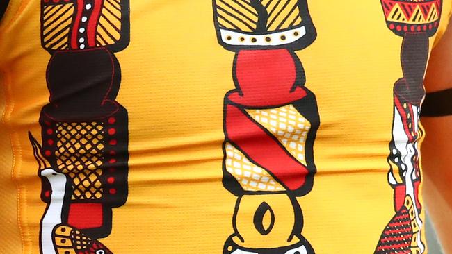 LAUNCESTON, AUSTRALIA - MAY 25: A detail of the Hawks Indigenous   guernsey during the round 10 AFL match between the Hawthorn Hawks and the Port Adelaide Power at University of Tasmania Stadium on May 25, 2019 in Launceston, Australia. (Photo by Scott Barbour/Getty Images)