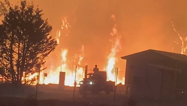 Two men attempt to fight the bushfire at Stanthorpe. Video: Thomas Day