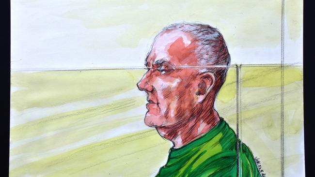 Court Sketch of Chris Dawson in court today with family members describing their loss when he killed his wife Lynette. Picture: Vincent de Gouw