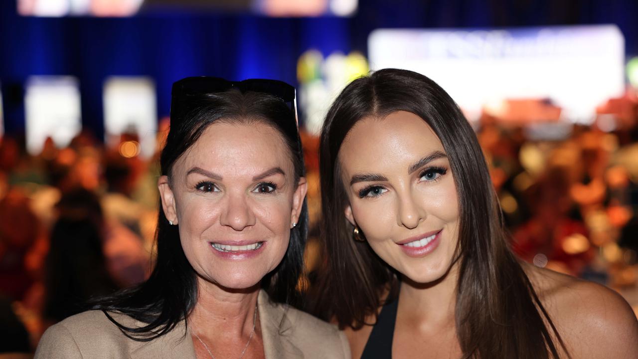 Rebecca Moffrey and Gypsea Youngsmith at the TSS Foundation Breakfast, Gold Coast Convention and Exhibition Centre. Picture, Portia Large.