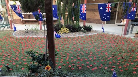 Poppies made by Lucy Simmons placed on grass at the Wiryuna Aged Carde centre