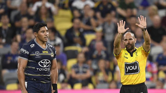 TOWNSVILLE, AUSTRALIA - MAY 20:  Jason Taumalolo of the Cowboys is sent to the sin bin during the round 11 NRL match between the North Queensland Cowboys and the Newcastle Knights at QCB Stadium, on May 20, 2021, in Townsville, Australia. (Photo by Ian Hitchcock/Getty Images)