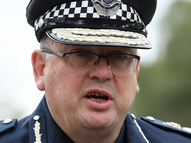 ALBURY, AUSTRALIA - MAY 02: Victoria Police Chief Commissioner Graham Ashton talks to the media at the repatriation ceremony of Constable Glen Humphris on May 02, 2020 in Albury, Australia. Constable Glen Humphris was killed along with three colleagues on Wednesday 22 April 2020 when a truck crashed into them during a roadside stop on the Eastern Freeway in Melbourne. The officers had pulled over a Porsche for speeding when a semi-trailer truck collided with them. The deaths of the four officers -  Leading Senior Constable Lynette Taylor, Constable Glen Humphris, Senior Constable Kevin King and Constable Josh Prestney - is the largest single loss of police lives in one incident in the history of Victoria Police. (Photo by Quinn Rooney/Getty Images)