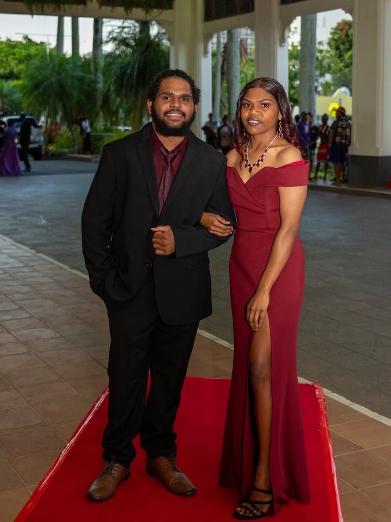 Elijah Yougie and Latayah Yougie arrive at the Pullman International for the Djarrugun College formal. Picture: Emily Barker.