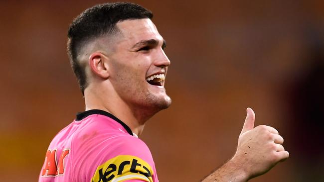 BRISBANE, AUSTRALIA - SEPTEMBER 03: Nathan Cleary of the Panthers thanks fans after winning the round 17 NRL match between the Brisbane Broncos and the Penrith Panthers at Suncorp Stadium on September 03, 2020 in Brisbane, Australia. (Photo by Albert Perez/Getty Images)