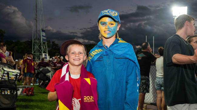 Leonard Coombs and John Coombs wearing opposite colours at the 2023 NRL match at TIO Stadium. Picture: Pema Tamang Pakhrin