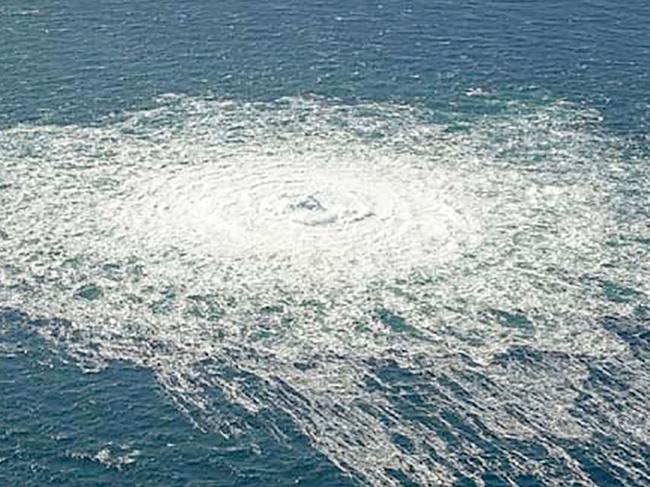 Nord Stream 2 gas pipeline as it is seen from the Danish Defence's F-16 rejection response off the Danish Baltic island of Bornholm. Picture: AFP