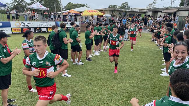 Seagulls hooker and try scorer Ezekiel Jones roars onto the field for Wynnum Manly in the Connells.