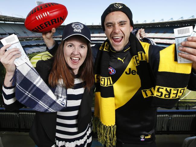 Richmond Tigers vs Geelong Cats at the MCG heading to a sell out crowd. Cats fan Renee Bennett and Tigers fan Liam Dimattina have their tickets and looking forward to the clash.    Picture: David Caird