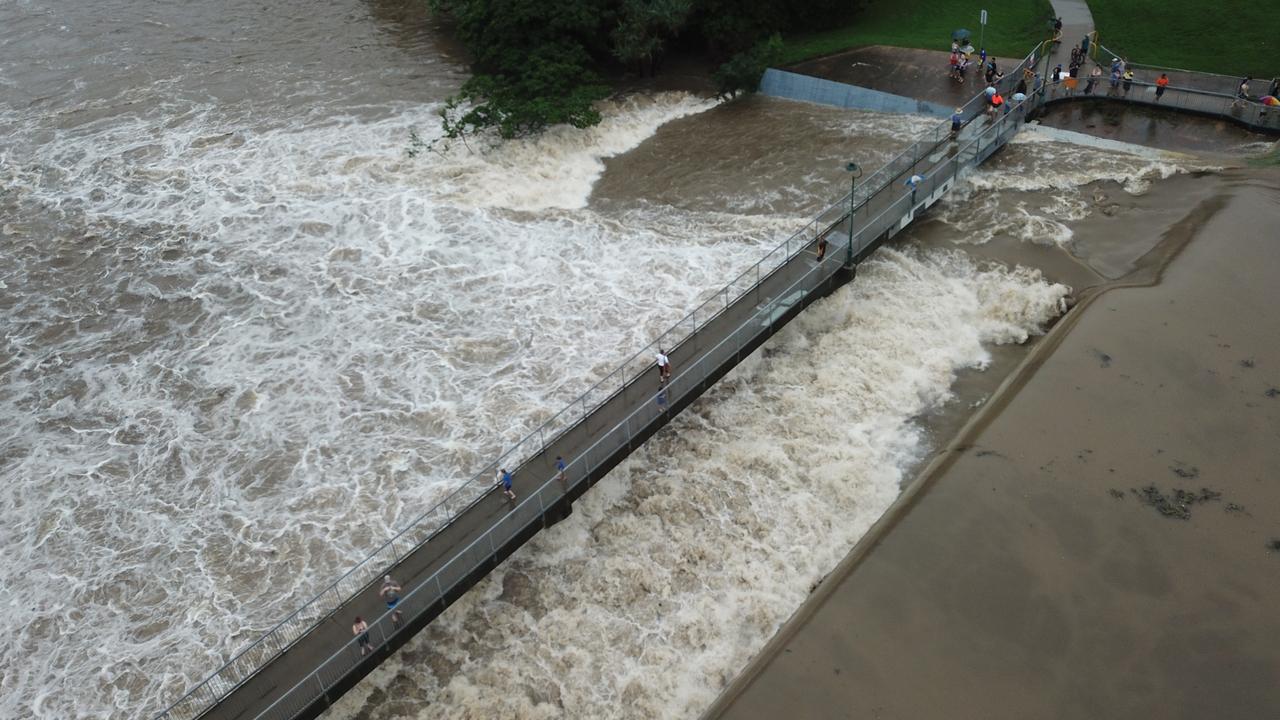 Drone images from a flooded and overflowing Aplins Weir - January 31, 2019. Photo: Jordan Edwards