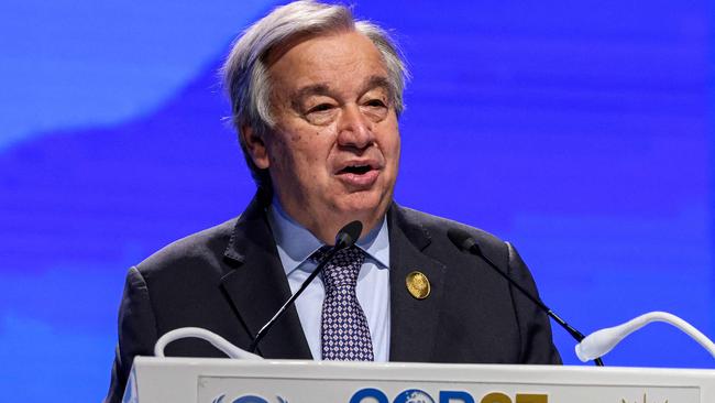 United Nations Secretary General Antonio Gutteres delivers a speech at an event launch for the climate TRACE initiative -- a greenhouse gases inventory of the largest facility-level sources -- during the COP27 climate conference at the Sharm el-Sheikh International Convention Centre, in Egypt's Red Sea resort city of the same name, on November 9, 2022. (Photo by Joseph EID / AFP)