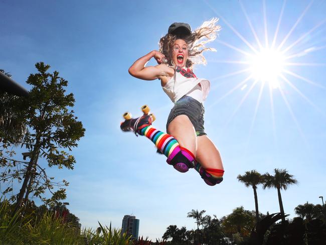 Carla Baxter,AKA Dead Meat from the cast of Roller Coaster, leaps for joy that she will be performing at the Bleach Festival this August. Picture Glenn Hampson