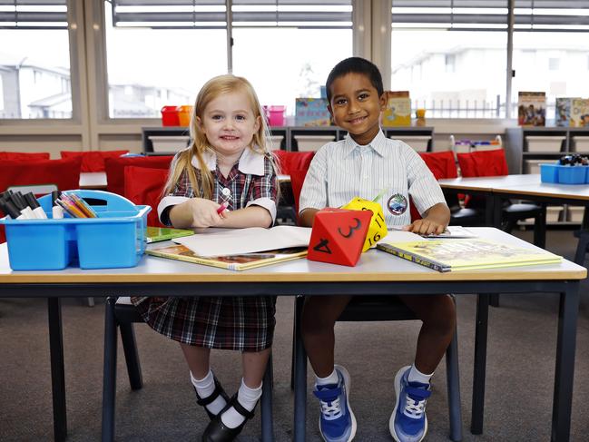 Box Hill Public School is ready to open next week for kindy students Astrid Faulkner and Kesav Raja. Picture: Sam Ruttyn