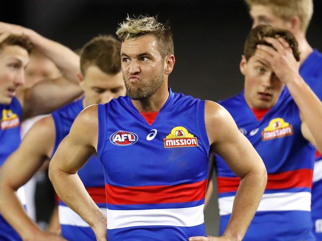 MELBOURNE, AUSTRALIA - JUNE 14: Matthew Suckling of the Bulldogs looks dejected after a loss during the 2020 AFL Round 02 match between the St Kilda Saints and the Western Bulldogs at Marvel Stadium on June 14, 2020 in Melbourne, Australia. (Photo by Michael Willson/AFL Photos via Getty Images)