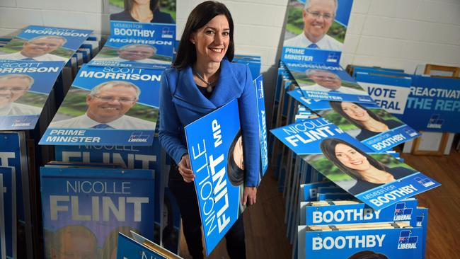 Nicolle Flint’s win in Boothby is expected to life the Coalition’s numbers above the 76 needed for a majority government. Picture: Tom Huntley