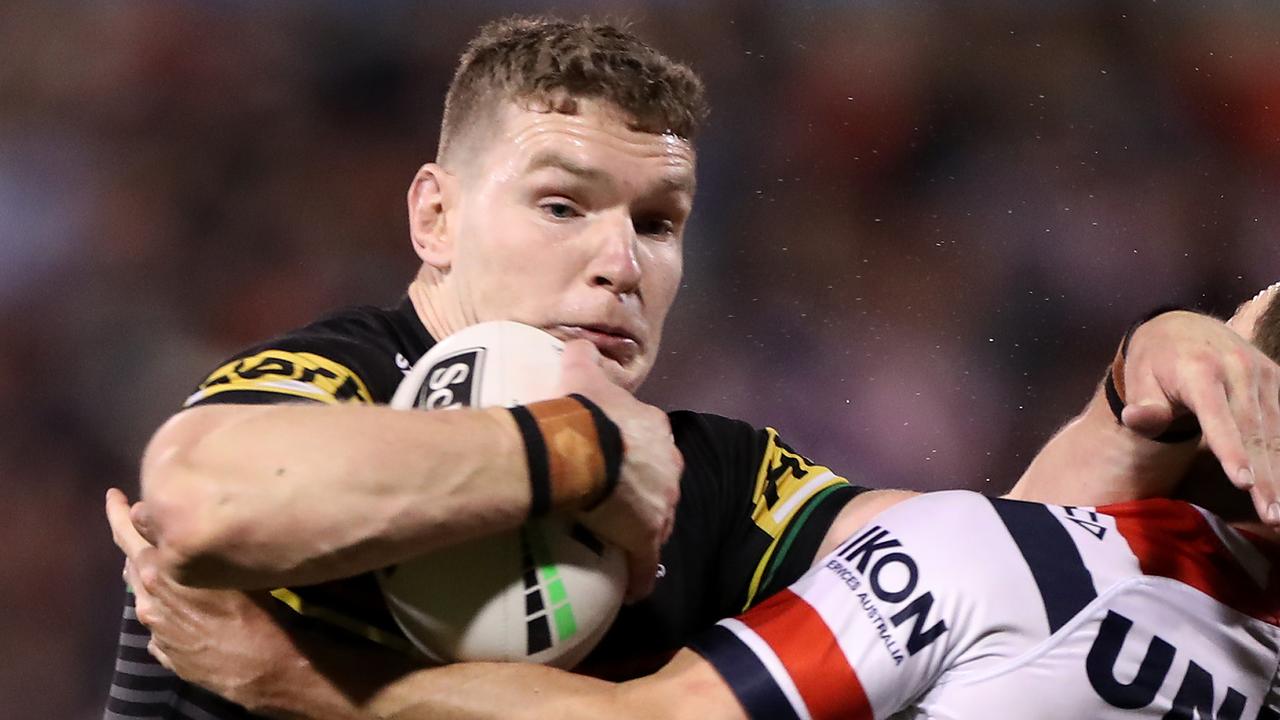 SYDNEY, AUSTRALIA - OCTOBER 02: Liam Martin of the Panthers is tackled during the NRL Qualifying Final match between the Penrith Panthers and the Sydney Roosters at Panthers Stadium on October 02, 2020 in Sydney, Australia. (Photo by Mark Kolbe/Getty Images)
