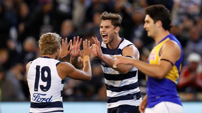 Tom Hawkins celebrates in their finals win over West Coast last year.