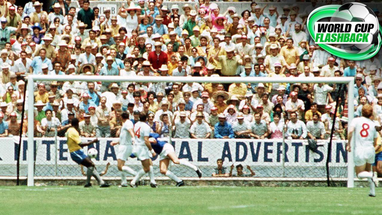 Gordon Banks launches himself to his right to get to pele's peerless header.