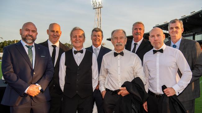 Col Ford, Mark Moretti, Michael Williams, Guy Adams, Ian Smith inducted, Victor Rogowski, Nathan Smith and David Atkinson at the 2023 AFLNT Hall of Fame. Picture: Pema Tamang Pakhrin