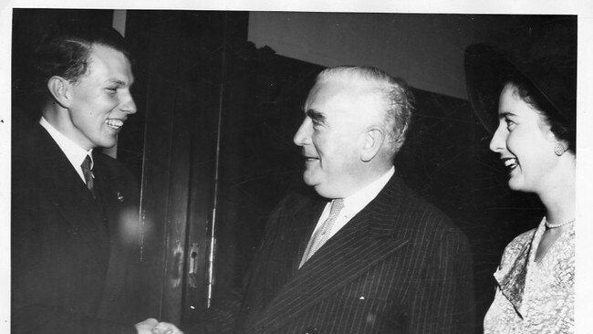 Former Prime Minister Robert Menzies and his daughter Heather greet Ian Wilson during his ‘meet the people’ tour of South Australia in December 1953.