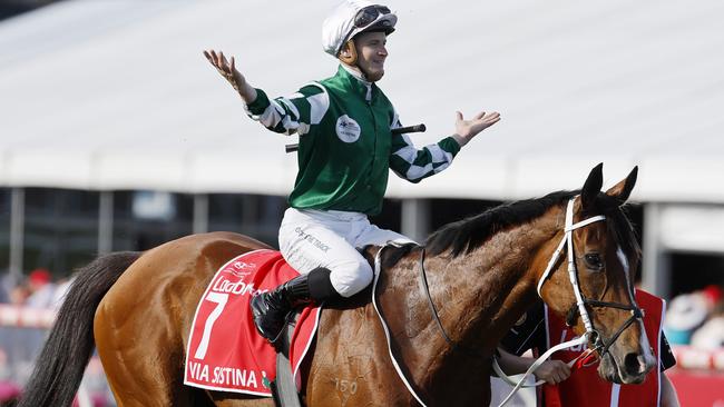 NCA. MELBOURNE, AUSTRALIA. October 26, 2024. Racing.  Cox Plate day at Moonee Valley racecourse.. Race 9. The Cox Plate.   Via Sistina ridden by James McDonald wins the 2024 Cox Plate     .  Pictures : Michael Klein