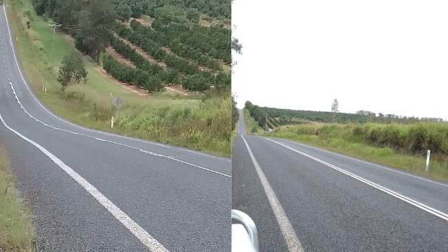 Photos show changes to the road markings which now prevent overtaking in the black spot. The second photo shows the “optical illusion” dip which can hide oncoming cars.