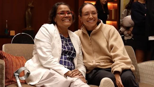 Cathy Freeman is seen on crutches at a Matilda's function this week.