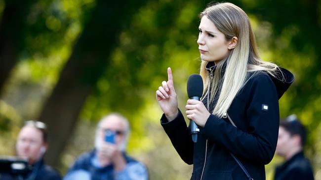 Far-right activist Lauren Southern at a ‘Rally for South Africa’ in Sydney. Picture: Jeremy Ng/AAP