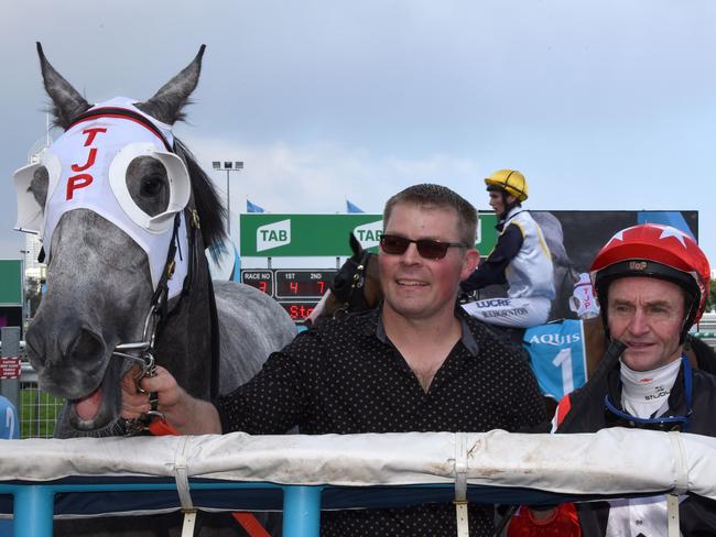 Winner of race 3 Rapido Gris. Rides by Ron Goltz with trainer Troy Pascoe at the Gold Coast Turf Club. (Photo/Steve Holland)