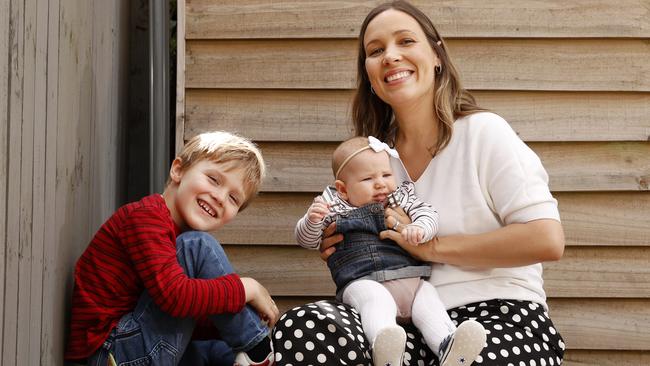 Bondi mum Catherine Nantel with her son William, 5, and Matilda is one of millions of Australian women missing out on future retirement income because the government does not pay superannuation on paid parental leave. Picture: Jonathan Ng