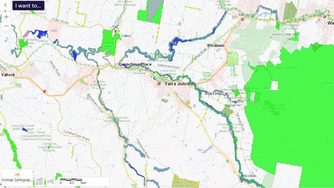 Upper Yarra River licensed crown land water frontage. Water frontage licence is grey-blue; riparian management licence, dark blue.