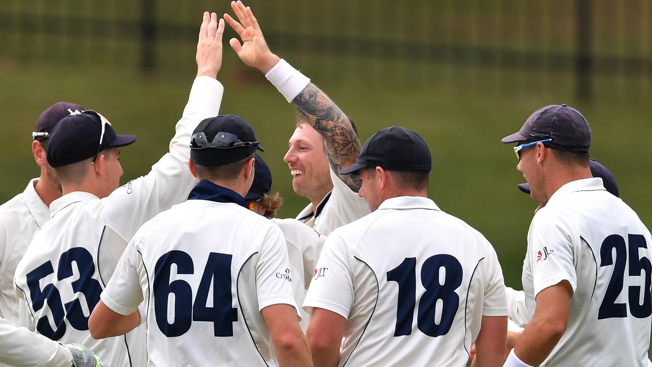 James Pattinson (centre) celebrates taking the wicket of Moises Henriques for a duck.