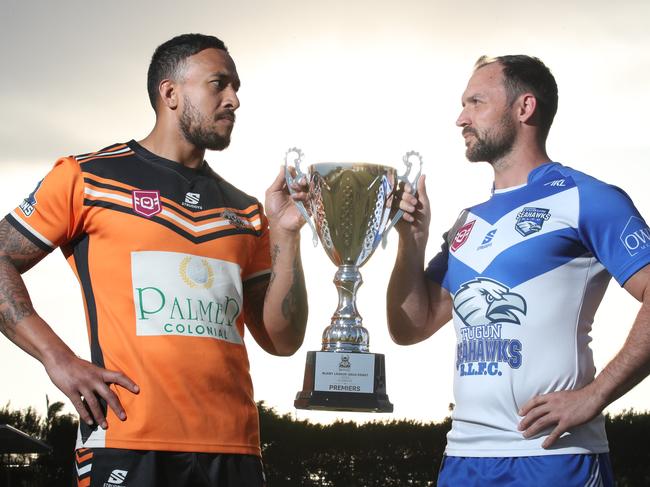 Captains Eni Folau and Sam Meskell with the trophy before the grand final between the Southport Tigers and the Tugun Seahawks at UAA Park (Pizzey Park). Picture Glenn Hampson