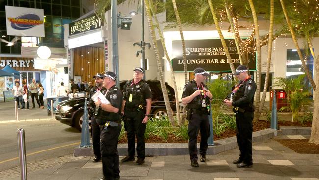 More police than tourists in Surfers Paradise. Picture Mike Batterham