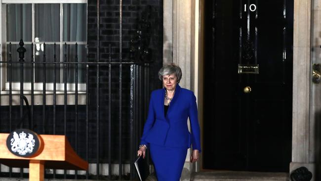 Theresa May addresses the media at number 10 Downing St after narrowly surviving a no confidence motion. Picture: Getty Images.