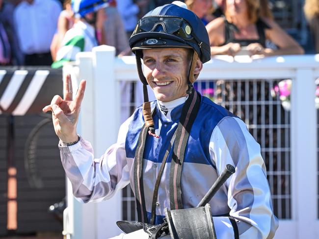 Beau Mertens after Vagrant won the Lamaro's Hotel Geoffrey Bellmaine Stakes at Caulfield Racecourse on February 03, 2024 in Caulfield, Australia. (Photo by Reg Ryan/Racing Photos via Getty Images)