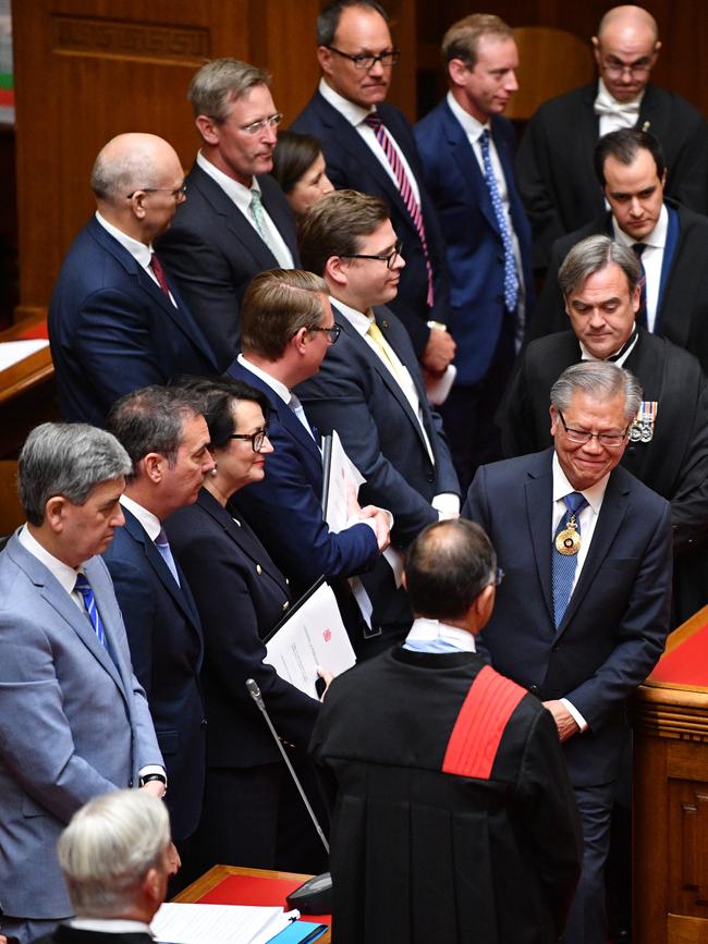 Governor Hieu Van Le is seen with members of the Liberal Party during the opening of the South Australian Parliament on Wednesday. Picture: AAP / David Mariuz