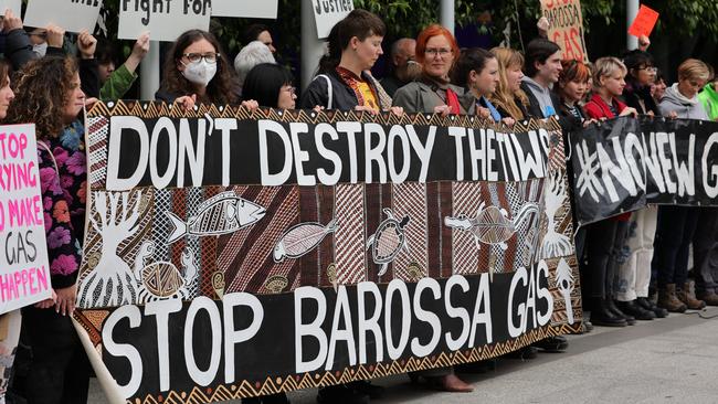 People gather at the front of Melbourne’s Federal Court of Australia in late 2022 in protest of the Barossa project.