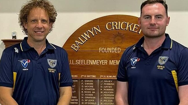 VSDCA 2024-25: Balwyn coach Jesse McInnes with president Dom Greene. Picture: Balwyn CC